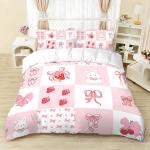 Pink rabbit bow bedding set strawberry print (1 set +2 pillowcases, no core), bedding, various size to meet different needs