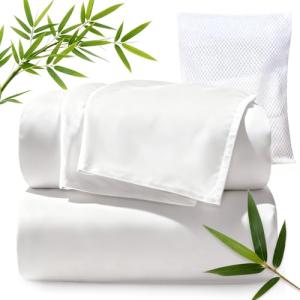 TWK Genuine 100% Viscose Derived from Natural Bamboo Bed Sheets Set,Cooling & Silky Soft Bed Sheets,Deep Pocket Up to 18",with a Laundry Bag (White, King)