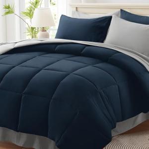 Anluoer Queen Comforter Set 7 Piece, Navy and Grey Bed in a Bag with Sheets, All Season Bedding Comforter Sets with 1 Comforter, 2 Pillow Shams, 2 Pillowcases, 1 Flat Sheet,1 Fitted Sheet