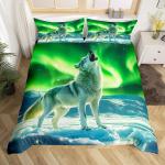 Wolf Duvet Cover Twin King Size, Roaring Wolves Wildlife Bedding Set Aurora Animals Galaxy Print Comforter Cover for Kids Boys