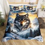 Wolf Duvet Cover Twin King Size, Roaring Wolves Wildlife Bedding Set Aurora Animals Galaxy Print Comforter Cover for Kids Boys