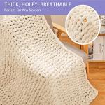 Bigacogo Chunky Knit Throw Blanket for Couch, 40x60 inches, 100% Hand Knitted with Thick Jumbo Chenille Yarn, Cozy Soft Large Rope Knot Cable Crochet Blankets for Sofa Bed Living Room, Beige