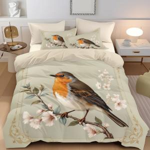 3pcs Cute Robin Patterned Digital Printed Quilt Cover Set - Includes 1 Quilt Cover and 2 Pillow Cover (without Filler)