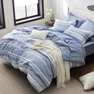 Bedsure Queen Comforter Set 7 Pieces, Blue Striped Bedding Set for Queen Size Bed Reversible, Cationic Dyeing Bed in a Bag with Comforter, Sheets, Pillowcases & Shams