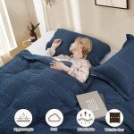 PHF 100% Cotton Waffle Duvet Cover King Size, 3 Pieces Soft Breathable Duvet Set for All Season, Pre-Washed Decorative Textured Comforter Cover with 2 Pillow Shams, 106" x 92", Navy Blue