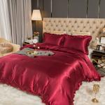3PCS Satin Duvet Cover Set Silk Rose red And Pink Bedding Comforter Cover Silky Ruffle Pattern Luxury Silky Bed set Soft