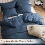 PHF 100% Cotton Waffle Duvet Cover King Size, 3 Pieces Soft Breathable Duvet Set for All Season, Pre-Washed Decorative Textured Comforter Cover with 2 Pillow Shams, 106" x 92", Navy Blue