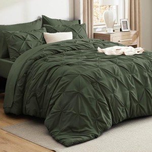 Bedsure Queen Comforter Set Olive Green - Bed in a Bag Queen Size 7 Pieces, GentleSoft™ Pintuck Bed Set Gift for Family, Pinch Pleat Olive Green Comforter with Sheets, Pillowcases & Shams