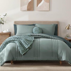 Monbix Queen Comforter Set - 7 Pieces Sage Green Bed in a Bag Queen Bedding Sets with Comforters, All Seasons Down Alternative Comforter Bed Set with Sheets,Pillowcases & Shams
