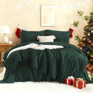 Litanika King Size Comforter Set with Sheets Dark Emerald Green - 7 Pieces Bed in a Bag King Chevron Tufted Complete Beddding Sets with Comforter, Sheets, Pillowcases & Shams