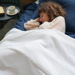 PHF 100% Cotton Waffle Weave Blanket Queen Size 90"x90" - Lightweight Cozy Washed Soft Breathable Throw - Great Layer for Couch Bed Sofa - Elegant Aesthetic Home Decoration Gift - White