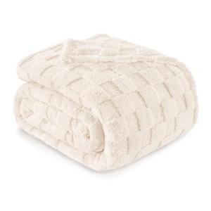 Exclusivo Mezcla King Size Flannel Fleece Blanket, Super Soft and Warm Lightweight Checkered Pattern Blankets for All Seasons, 90x104 Inches, Ivory