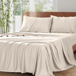 Vipfree Bamboo Rayon Sheet Set, Sand, King, 300 Thread Count, 4-Piece with Deep Pockets, Solid Pattern