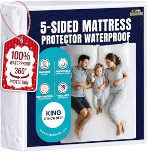 Utopia Bedding Waterproof 5-Sided Mattress Protector King Size, Premium Breathable Mattress Cover, Fitted Style with Stretchable Pockets (White)