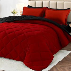 2/3pcs Reversible Comforter Set, All Season Bedding Set with Comforter, Pillow Shams, Red & Black, Down Alternative Duvet Insert