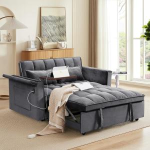 55.5" 3-in-1 Foldable Convertible Sofa Bed, Modern Velvet Sleeper Sofa Pull Out Couch with Adjustable Back, Storage Bag Pillow a