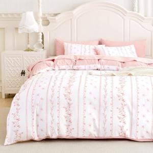 Wake In Cloud - Shabby Chic Comforter Set, Cottagecore Floral Romantic Charming Style with Botanical Stripe Pattern, Soft Lightweight Bedding, 3 Pieces, Pink White, Full Size