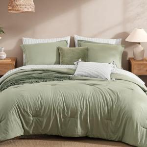 Monbix Queen Comforter Set - 7 Pieces Olive Green Prewashed Bed in a Bag Queen Bedding Sets with Comforters, All Seasons Ultra Soft Comforter Bed Set with Sheets,Pillowcases & Shams
