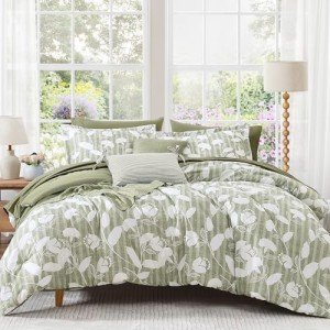 BLOOMHAVEN Queen Comforter Set -7 Pieces Sage Green Floral Comforter Set for All Seasons, Bed in a Bag Queen with Botanical Flowers Comforter, Sheets, Pillowcases & Shams