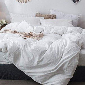 MooMee Bedding Duvet Cover Set 100% Washed Cotton Linen Like Textured Breathable Durable Soft Comfy (Off White, King)