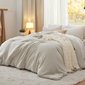 Bedsure Queen Size Comforter Set, Beige Soft Prewashed Bedding for All Seasons, 3 Pieces GentleSoft™ Warm Down Alternative Bed Set, 1 Lightweight Comforter (90"x90") and 2 Pillowcases (20"x26")