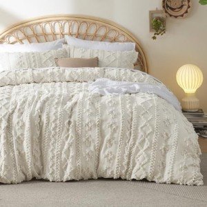 Bedsure Boho Duvet Cover Queen Size - Tufted Duvet Cover Queen Set for All Seasons, 3 Pieces Soft Shabby Chic Embroidery Boho Bedding, Comforter Not Included (Beige, 90" x 90")