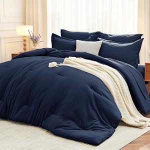 MUXHOMO 7 Pieces Queen Comforter Set, Soft Bed in a Bag Queen Size, All Season Bedding Set with Comforter, Flat Sheet, Fitted Sheet, Pillowcases & Shams, Navy Blue