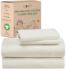 California Design Den 100% Organic Cotton Queen Sheet Set - Crisp Cotton Percale Sheets Queen, Deep Pockets, GOTS Certified, Cool and Durable Bedding Set - Ivory