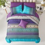 Boho Comforter Set Queen Size 8 Piece Bed in a Bag Bohemian Striped Bedding Quilt Set Aqua Paisley Floral Comforter and Sheet Set,Soft Microfiber Complete Bedding Sets for All Season