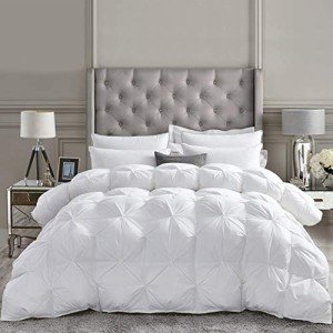 Luxurious All-Season Goose Down Feather Fiber Comforter Queen Size Duvet Insert, Exquisite Pinch Pleat Design, Premium Baffle Box, 100% Egyptian Cotton Cover, 55 oz. Fill Weight, White