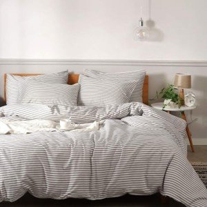 JELLYMONI Bedding Duvet Cover Set, 100% Natural Cotton 3pcs Striped Duvet Cover Sets, White Duvet Cover with Grey Stripes Pattern Printed Comforter Cover, with Zipper Closure & Corner Ties(Queen Size)