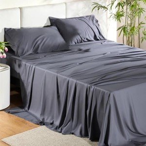 Bedsure King Size Sheet Sets, Cooling Sheets for Hot Sleepers, Rayon Derived from Bamboo, Breathable & Soft Deep Pocket Up to 16 Inches, Hotel Luxury Silky Bedding, Bedsheet & Pillowcases, Dark Grey