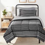 Amazon Basics Twin XL Comforter Set with Sheets, 5-Piece Gray Calvin Stripe Bedding, Lightweight Microfiber Bed-in-a-Bag
