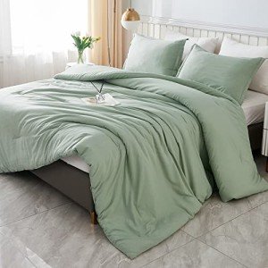 Litanika Queen Comforter Set Sage Green, 3 Pieces Lightweight Comforters Queen Size Solid Bedding Comforters Sets, Down Alternative Comforter Bed Set Quilt Blanket