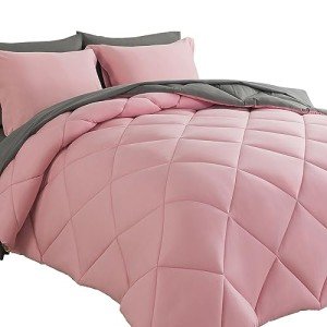 Cosybay Bed in a Bag Queen Comforter Sets 7pcs All Season Solid Down Alternative Bedding Sets Pink and Grey with Comforter, Pillow Shams, Flat Sheet, Fitted Sheet and Pillowcases