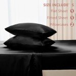 CozyLux Satin Sheets Queen Size - 4 Piece Black Bed Sheet Set with Silky Microfiber, 1 Deep Pocket Fitted Sheet, 1 Flat Sheet, and 2 Pillowcases - Smooth and Soft
