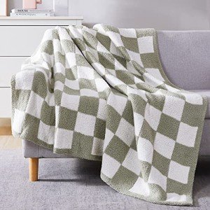 WRENSONGE Checkered Throw Blanket, Sage Green Soft Cozy Fluffy Warm Hand Made Throw Blankets for Couch, Sofa, Chair, Bed, Camping, Picnic, Travel Lightweight Bed Blanket - 50"*70"