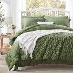 Zzlpp Queen Comforter Set 7 Pieces, Olive Green Seersucker Bed in a Bag with Comforter and Sheets, All Season Bedding Sets with 1 Comforter, 2 Pillow Shams, 2 Pillowcases, 1 Flat Sheet