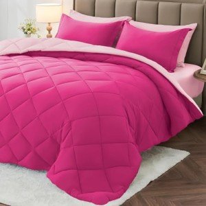 MUXHOMO 7 Pieces Queen Comforter Set, Reversible Bed in a Bag Queen Size, All Season Bedding Set with Comforter, Flat Sheet, Fitted Sheet, Pillowcases & Shams, Hot Pink & Baby Pink