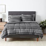 Amazon Basics Full/Queen Comforter Set with Sheets, 7-Piece Gray Calvin Stripe Bedding, Lightweight Microfiber Bed-in-a-Bag, Striped