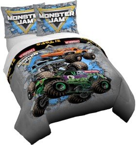 Jay Franco Duvet Cover Set – 3 Piece Comforter Cover and Sham Set, Super Soft Cozy Kids Bedding (Insert Not Included) Grey - Monster Jam, Queen