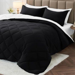 MUXHOMO 7 Pieces Queen Comforter Set, Reversible Bed in a Bag Queen Size, All Season Bedding Set with Comforter, Flat Sheet, Fitted Sheet, Pillowcases & Shams, Black & White