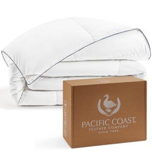 Pacific Coast Goose Feather Down Fiber Comforters Queen Size, Extra Fluffy White Duvet Insert, Ultra-Soft, Breathable, All Season Hotel Luxury Bedding Comforters with Corner Tabs (90"x90" White)