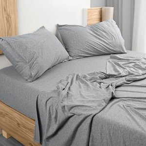 Utopia Bedding Queen Sheet Set - Jersey Knit Sheets 4 Piece – Cotton – Soft T-Shirt Stretchy Sheets (Heather Light Grey)