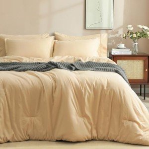 PHF 7 Pieces King Comforter Set, Lightweight Bed in A Bag & 18" Sheet Set for All Season, Ultra Soft Cozy Bedding with Comforter, Sheets, Pillowcases & Shams, Beige
