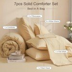PHF 7 Pieces King Comforter Set, Lightweight Bed in A Bag & 18" Sheet Set for All Season, Ultra Soft Cozy Bedding with Comforter, Sheets, Pillowcases & Shams, Beige