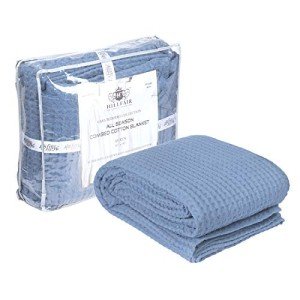 HILLFAIR 100% Combed Cotton Blanket– Twin Size Bed Blankets– Warm Soft All Season Breathable Lightweight Summer Blankets– Waffle Weave Home Decor Bed Blanket- Blue Twin Bed Cotton Blankets/Bedcovers
