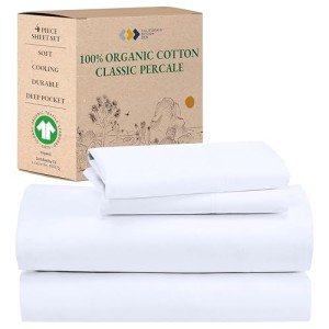 California Design Den 100% Organic Cotton Sheets for Queen Size Bed - Crisp Percale, Deep Pocket Queen Sheet Set, GOTS Certified, Cool and Durable Bedding Set - White