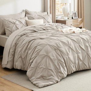 Bedsure Queen Comforter Set Beige - Bed in a Bag Queen Size 7 Pieces, GentleSoft™ Pintuck Bed Set Gift for Family, Pinch Pleat Beige Comforter with Sheets, Pillowcases & Shams