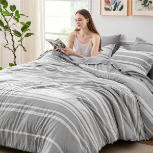 Bedsure Full Comforter Set 7 Pieces, Grey Striped Bedding Set for Full Size Bed Reversible, Cationic Dyeing Bed in a Bag with Comforter, Sheets, Pillowcases & Shams